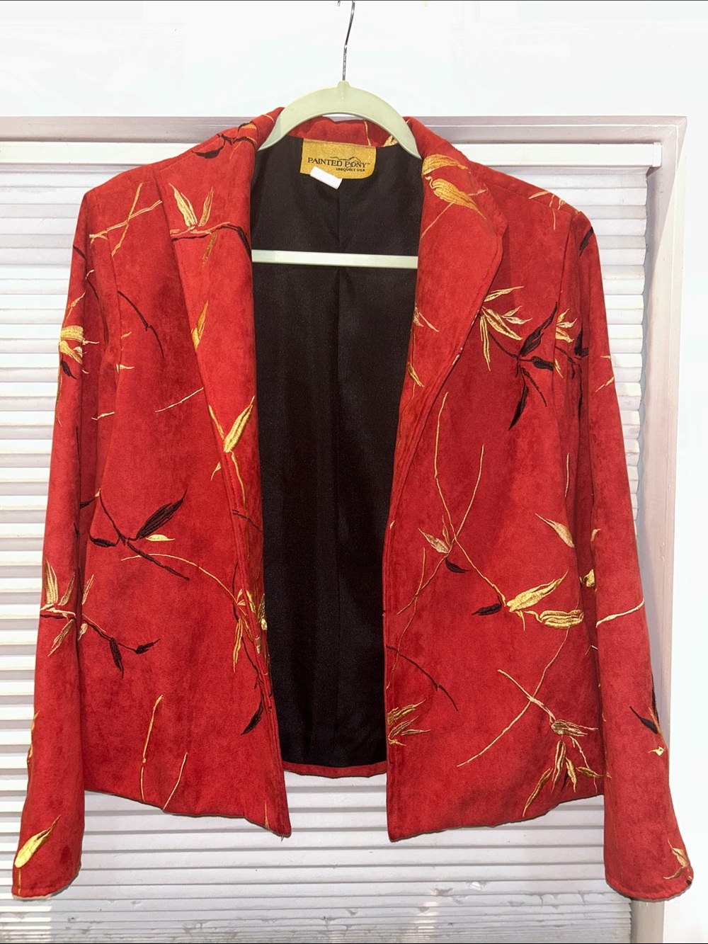 Vintage Painted Pony Embroidered Bamboo Jacket Women's M Rust Red Open Front